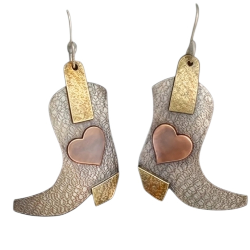 Two Tone Boot Earrings with Heart Design